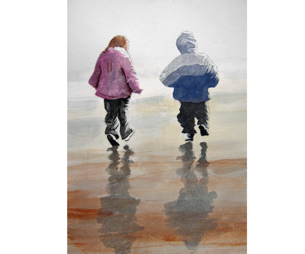 A Stroll On The Beach - watercolour by Jon Asher