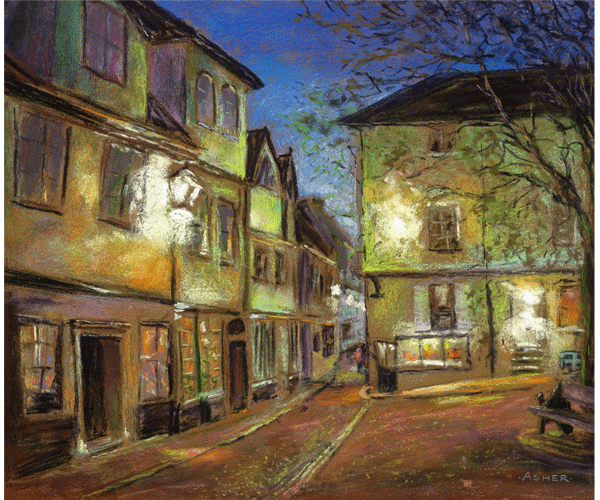 Elm Hill at dusk - pastel by Jon Asher
