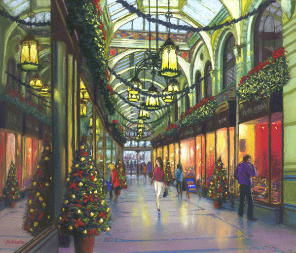 December at The Royal Arcade, Norwich - pastel by Jon Asher