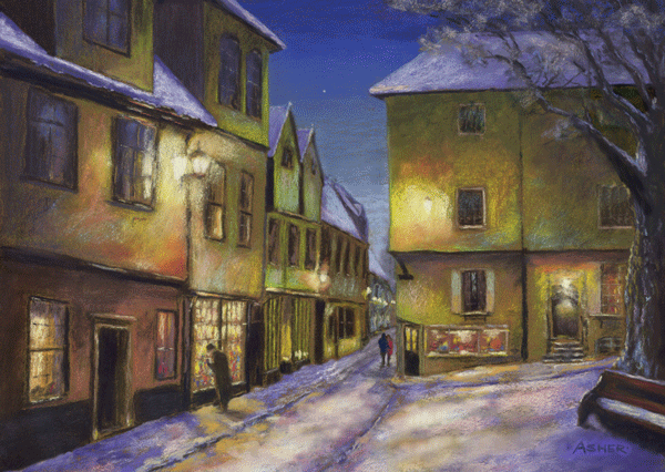 Winter Evening at Elm Hill, Norwich - pastel by Jon Asher