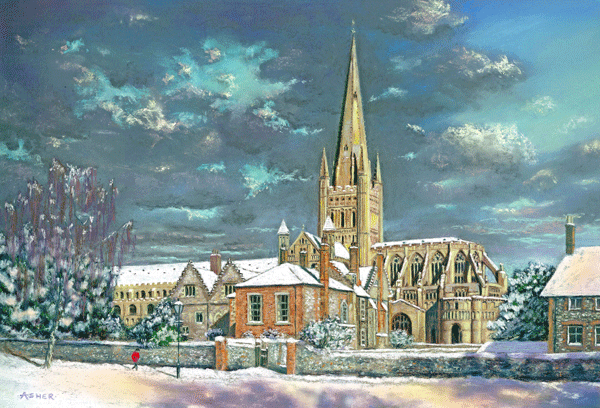 Snowy Morning at Norwich Cathedral Snowy Morning at Norwich Cathedral - pastel by Jon Asher