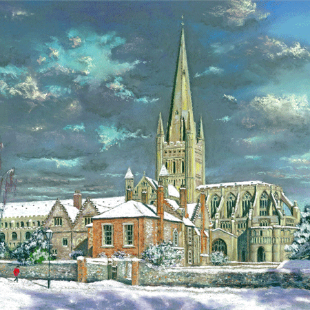 Snowy Morning at Norwich Cathedral - pastel by Jon Asher