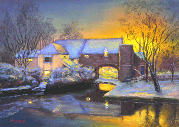 Winter Sunset at Pulls Ferry, Norwich - pastel by Jon Asher